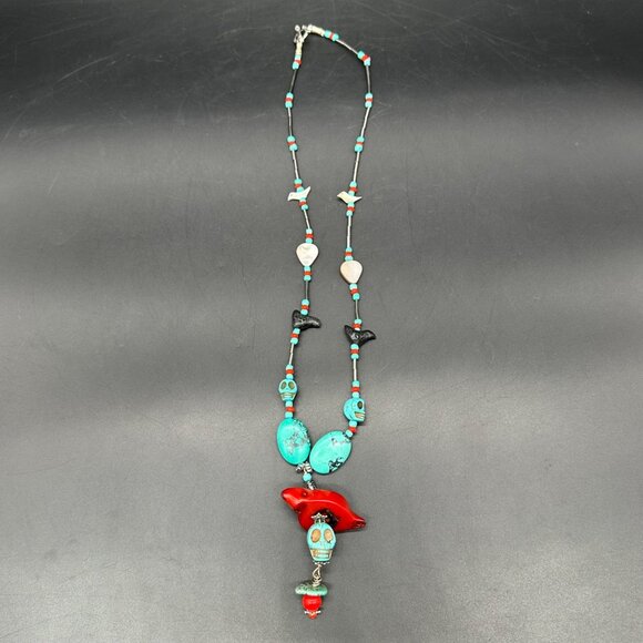 Vintage Native American Turquoise Coral Necklace Fetish Birds Skulls Chunky Bead - Picture 2 of 10
